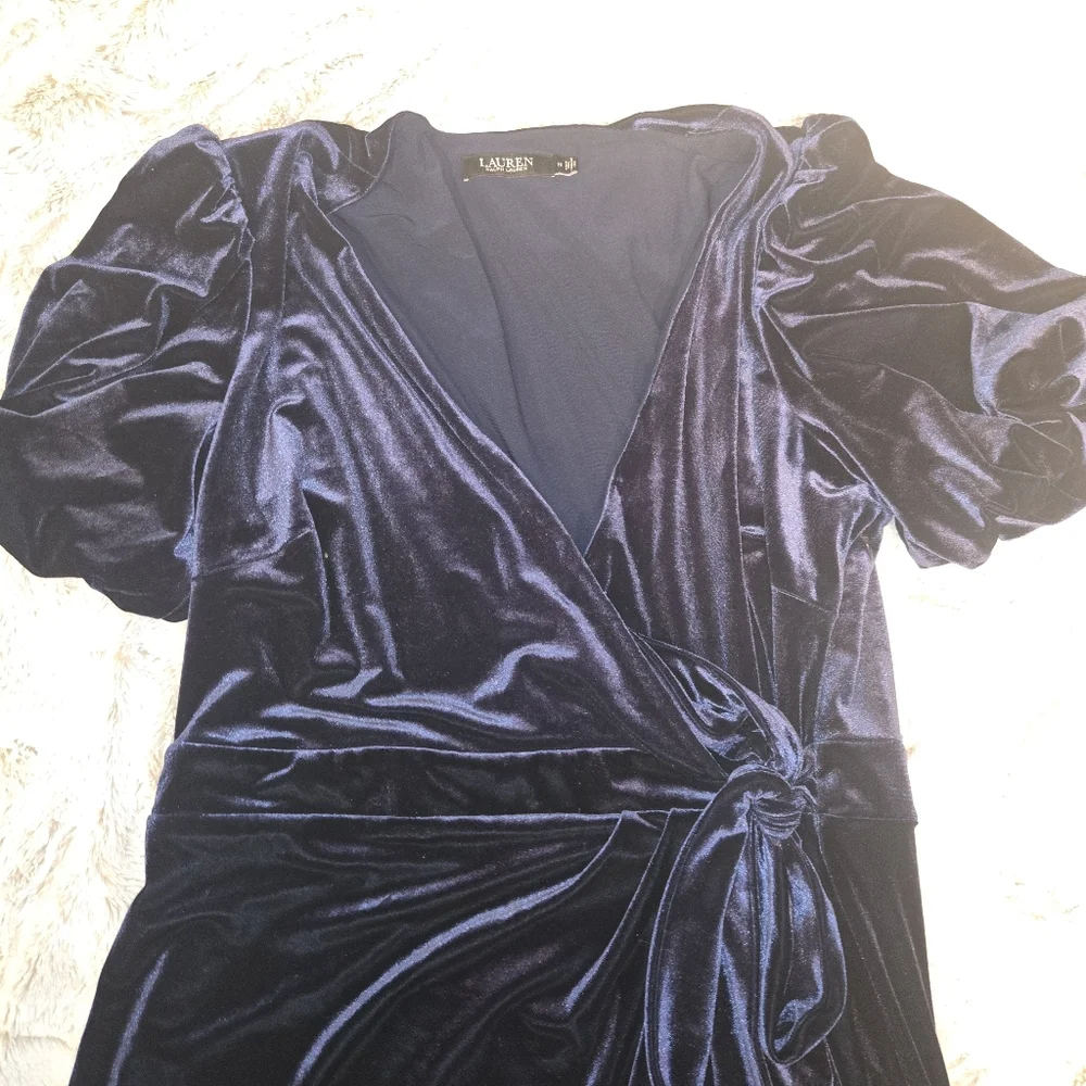 Lauren Ralph Lauren Navy Blue Velvet Wrap Dress - Size 16 - Picture 5 of 8
